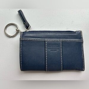 Coach Navy Blue Leather Card Wallet with Keychain and Zipper